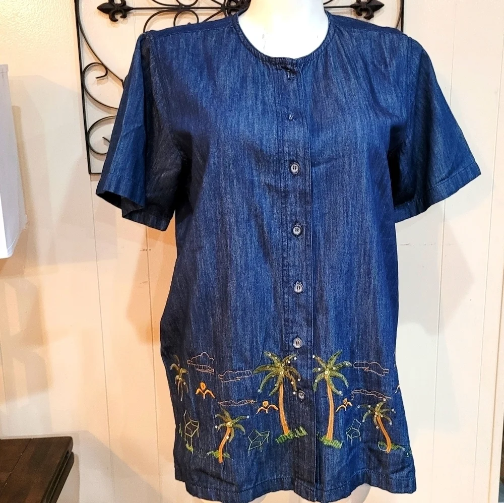 Vtg Dark Wash Denim Palm Tree Embroidered Button Up Shirt Large - Picture 5 of 7